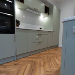 Lignum Oak Robust Fumed Herringbone Laminate Kitchen