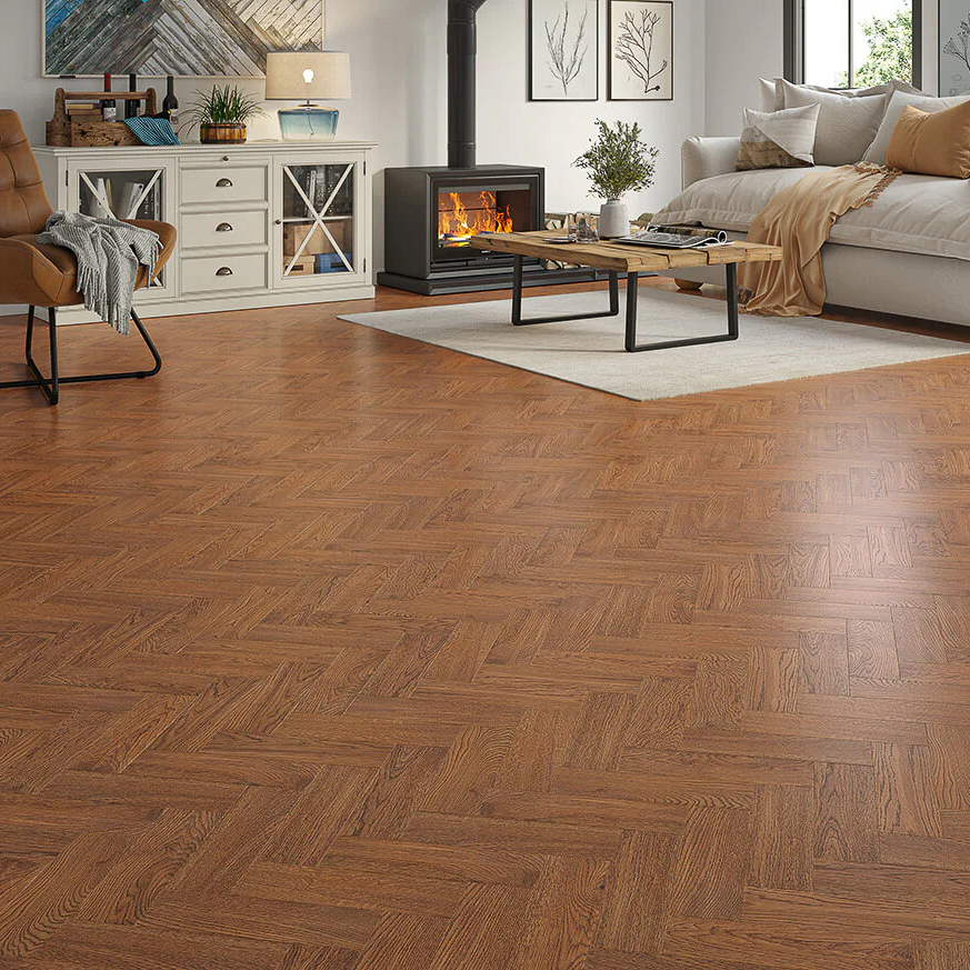 Golden Oak Handscraped Engineered Wood Flooring with warm tones, a textured surface, and a classic herringbone pattern for a timeless look