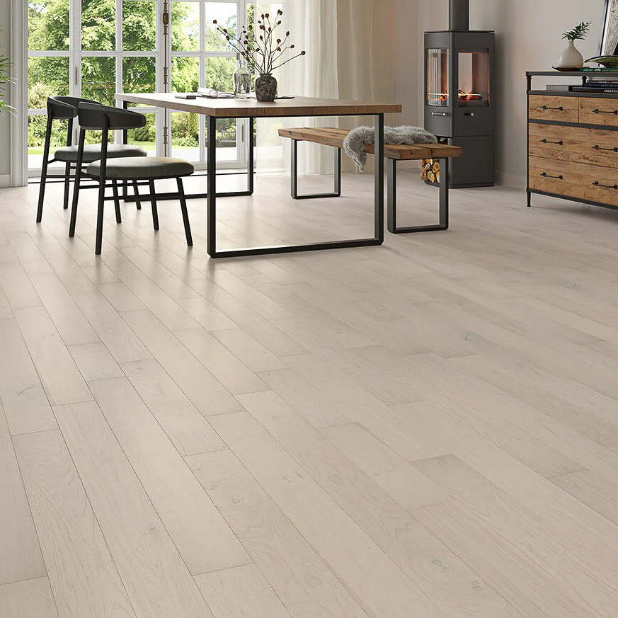 White Oak Engineered Wood Flooring with a white tone, featuring a wood grain texture and UV oiled finish